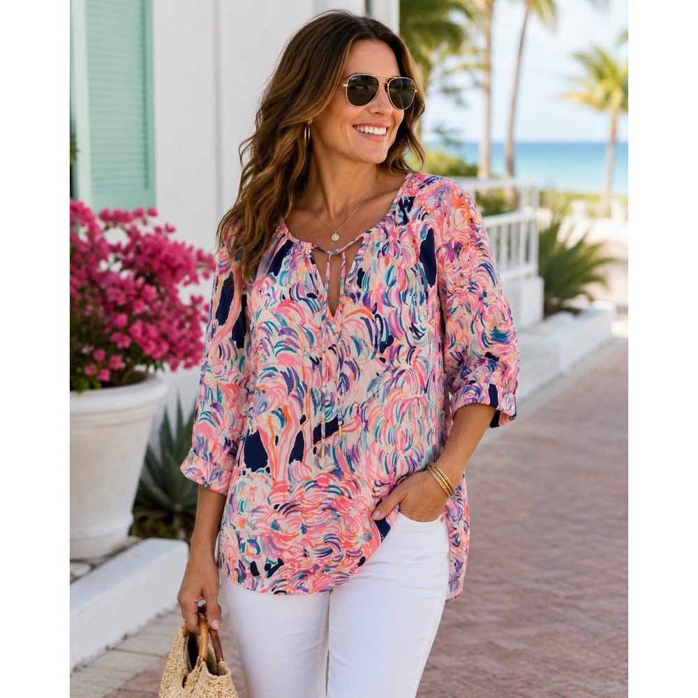 Lilly Pulitzer Tunic Top M Head In The Sand Tie Neck‎ Tropical Summer Casual